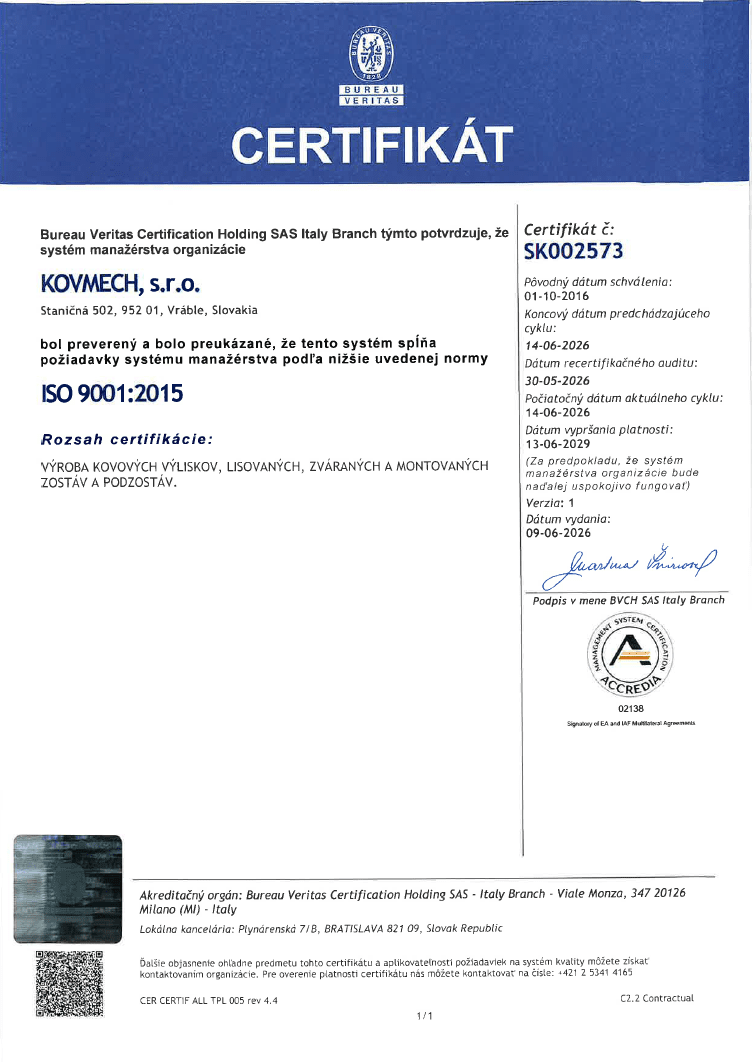 certifikát iso 9001 2015 kovmech